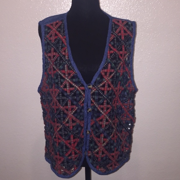 Red / blue Denim and plaid woven gate net denim vest - Picture 1 of 7